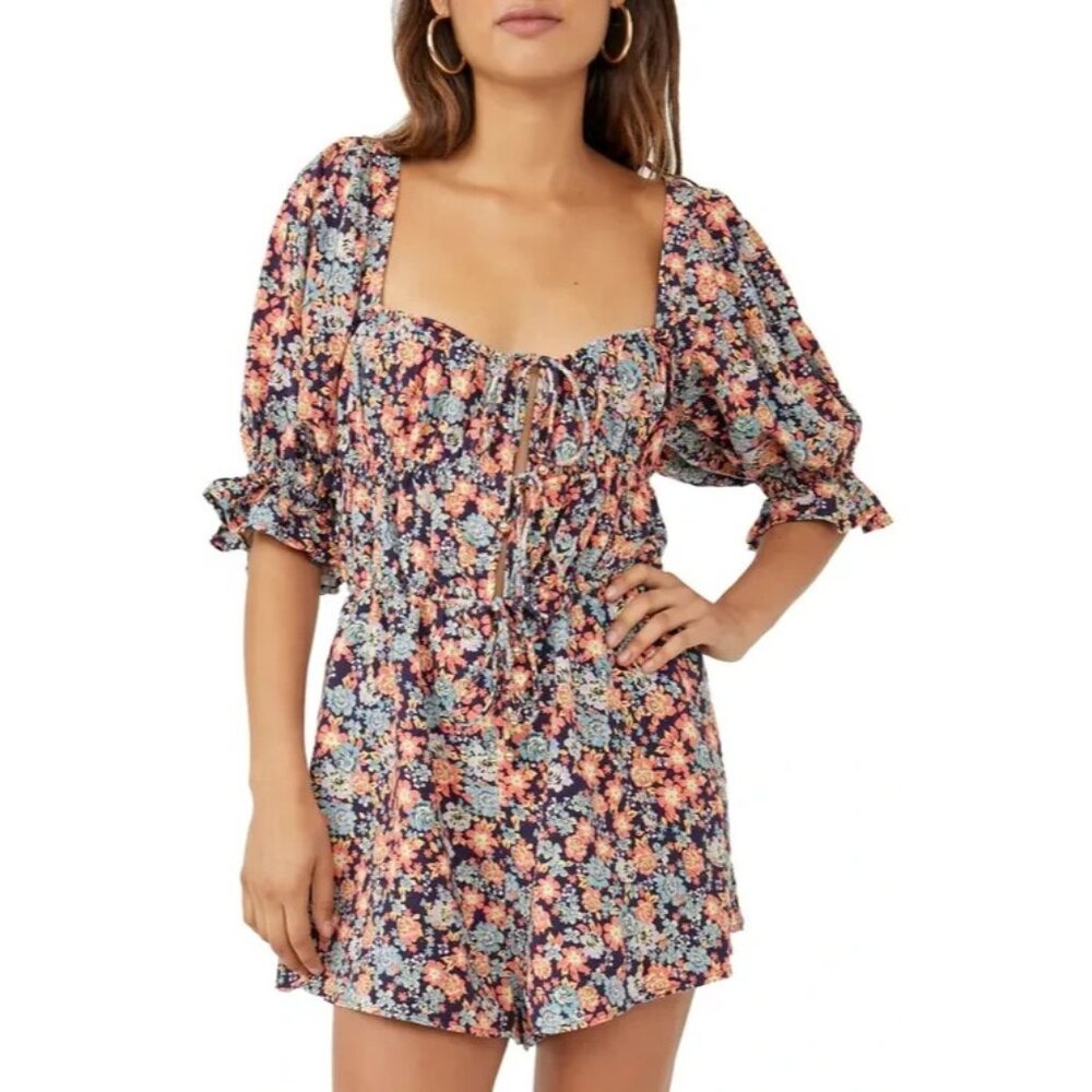 Free People Show Me Love Romper Womens Size M Navy Orange MSRP $148